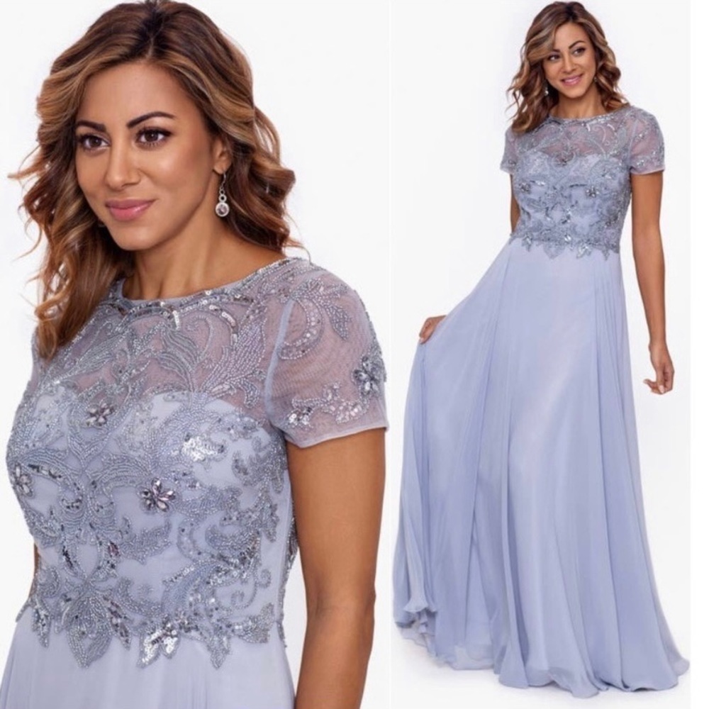 XSCAPE Women's Embellished Short Sleeve Chiffon Gown in Silver - Picture 2 of 12